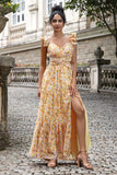 Yellow Flower A Line V Neck Print Pleated Tea Length Midi Dress with Slit