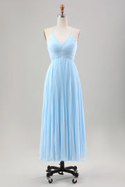 Sky Blue A Line Spaghetti Straps Pleated Chiffon Tea-Length Dress