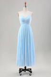 Sky Blue A Line Spaghetti Straps Pleated Chiffon Tea-Length Dress