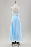 Sky Blue A Line Spaghetti Straps Pleated Chiffon Tea-Length Dress