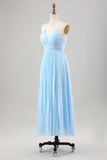 Sky Blue A Line Spaghetti Straps Pleated Chiffon Tea-Length Dress