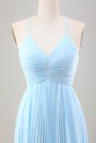 Sky Blue A Line Spaghetti Straps Pleated Chiffon Tea-Length Dress