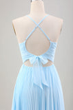 Sky Blue A Line Spaghetti Straps Pleated Chiffon Tea-Length Dress