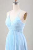 Sky Blue A Line Spaghetti Straps Pleated Chiffon Tea-Length Dress