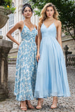 Sky Blue A Line Spaghetti Straps Backless Pleated Chiffon Tea-Length Dress