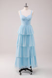 Sky Blue A Line Spaghetti Straps Ruched Tiered Long Bridesmaid Dress with Slit