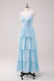 Sky Blue A Line Spaghetti Straps Ruched Tiered Long Bridesmaid Dress with Slit