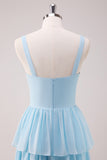 Sky Blue A Line Spaghetti Straps Ruched Tiered Long Bridesmaid Dress with Slit