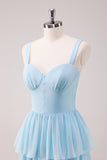 Sky Blue A Line Spaghetti Straps Ruched Tiered Long Bridesmaid Dress with Slit