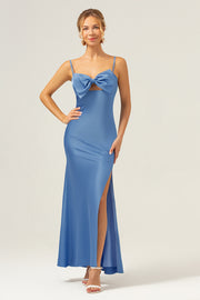 Mermaid Spaghetti Straps Satin Blue Bridesmaid Dress with Bow