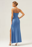 Mermaid Spaghetti Straps Satin Blue Bridesmaid Dress with Bow