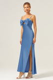 Mermaid Spaghetti Straps Satin Blue Bridesmaid Dress with Bow