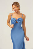 Mermaid Spaghetti Straps Satin Blue Bridesmaid Dress with Bow