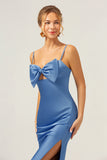 Mermaid Spaghetti Straps Satin Blue Bridesmaid Dress with Bow