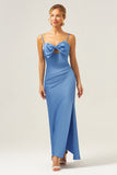 Mermaid Spaghetti Straps Satin Blue Bridesmaid Dress with Bow