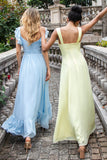 Sky Blue A Line Chiffon Pleated Ruffle Sleeves Floor Length Dress with Slit