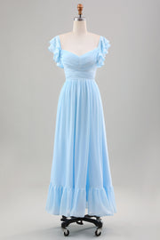 Sky Blue A Line Chiffon Pleated Tea-Length Dress with Ruffle Sleeves