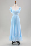 Sky Blue A Line Chiffon Pleated Tea-Length Dress with Ruffle Sleeves