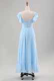 Sky Blue A Line Chiffon Pleated Tea-Length Dress with Ruffle Sleeves