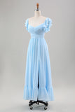 Sky Blue A Line Chiffon Pleated Tea-Length Dress with Ruffle Sleeves