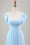 Sky Blue A Line Chiffon Pleated Tea-Length Dress with Ruffle Sleeves