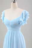 Sky Blue A Line Chiffon Pleated Tea-Length Dress with Ruffle Sleeves