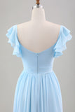 Sky Blue A Line Chiffon Pleated Tea-Length Dress with Ruffle Sleeves