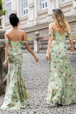 Green Large Flower A Line Cold Shoulder Chiffon Print Long Bridesmaid Dress with Slit