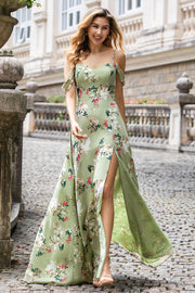 Green Large Flower A Line Spaghetti Straps Print Chiffon Maxi Dress with Slit