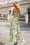 Green Large Flower A Line Cold Shoulder Chiffon Print Long Bridesmaid Dress with Slit