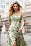 Green Large Flower A Line Spaghetti Straps Print Chiffon Maxi Dress with Slit