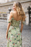 Green Large Flower A Line Cold Shoulder Chiffon Print Long Bridesmaid Dress with Slit