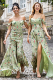 Green Large Flower A Line Cold Shoulder Chiffon Print Long Bridesmaid Dress with Slit