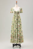 Green Flower A Line V Neck Tea Length Dress with Short Sleeves