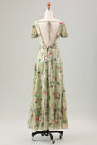 Green Flower A Line V Neck Tea Length Dress with Short Sleeves