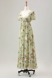 Green Flower A Line V Neck Tea Length Dress with Short Sleeves