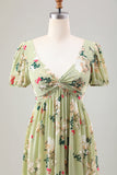 Green Flower A Line V Neck Tea Length Dress with Short Sleeves