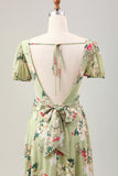 Green Flower A Line V Neck Tea Length Dress with Short Sleeves