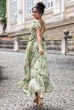 Green Flower A Line V Neck Tea Length Dress with Short Sleeves