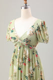 Green Flower A Line V Neck Tea Length Dress with Short Sleeves