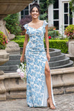 White Blue Flower Sheath Backless Pleated Maxi Dress with Slit