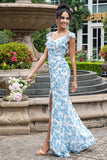 White Blue Flower Sheath Backless Pleated Maxi Dress with Slit