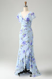 Blue Floral A Line V Neck Asymmetrical Maxi Dress with Ruffles