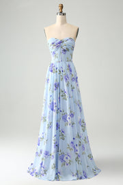 Blue Floral A Line Sweetheart Pleated Long Maxi Dress