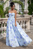 Blue Floral A Line Sweetheart Pleated Corset Long Wedding Party Guest Dress