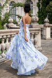 Blue Floral A Line Sweetheart Pleated Corset Long Wedding Party Guest Dress