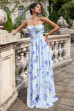 Blue Floral A Line Sweetheart Pleated Corset Long Wedding Party Guest Dress