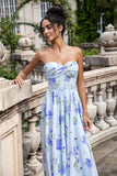 Blue Floral A Line Sweetheart Pleated Corset Long Wedding Party Guest Dress