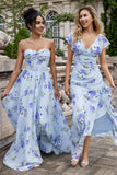 Blue Floral A Line Sweetheart Pleated Corset Long Wedding Party Guest Dress