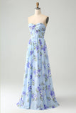 Blue Floral A Line Sweetheart Pleated Long Maxi Dress